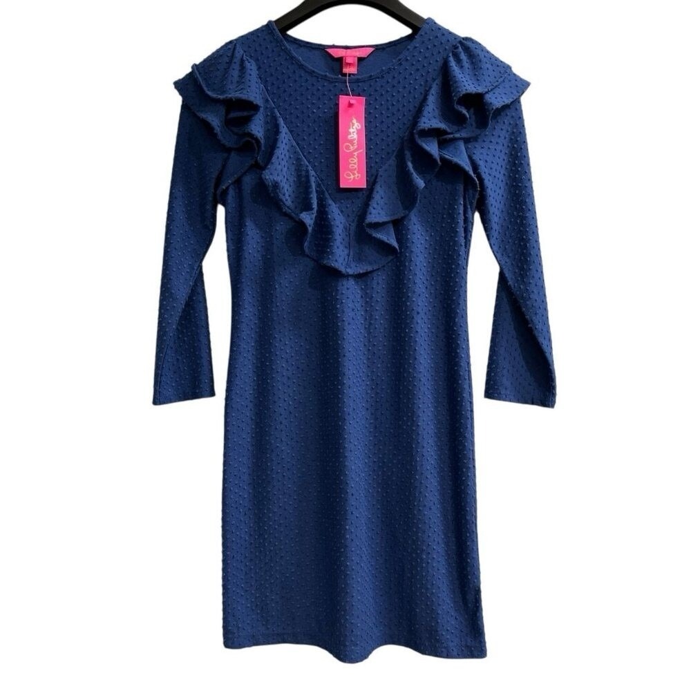 Lilly Pulitzer Pheby Dress Blue Cozy Knit Swiss Dot Mini Size XS Preppy School